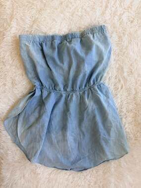 francesca's Strapless Chambray Cotton Ruffle Hem Top